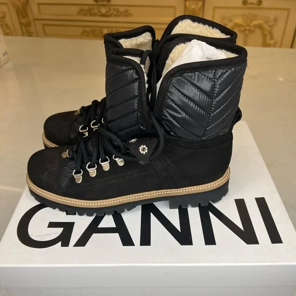 GANNI WOMEN’S QUILTED HIKING BLACK LACE UP BOOTS SZ EU39 - Picture 6 of 12